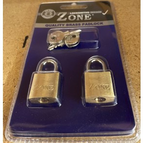OUT073 ZONE 10/20/BR/V/KA/TWIN 20MM BRASS PADLOCKS KEYED ALIKE TWIN PACK
